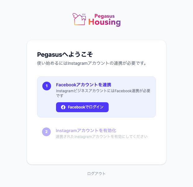 セットアップ画面。ステップ1「Facebookアカウントを連携」に「Facebookでログイン」ボタンが表示されている