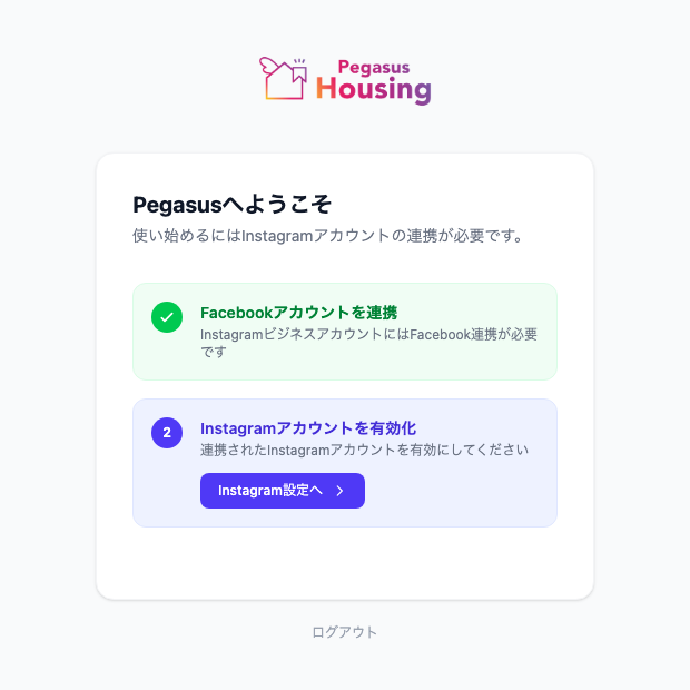 セットアップ画面。ステップ1に完了のチェックが付き、ステップ2に「Instagram設定へ」ボタンが表示されている